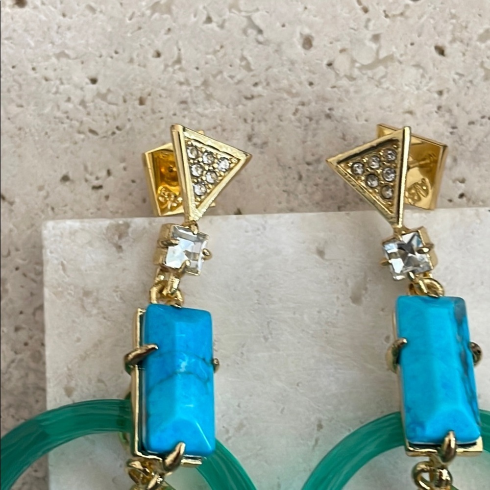 Alexis Bittar Lucite Turquoise Green Hoop Statement Earrings Gold Geometric Dang - Picture 3 of 4
